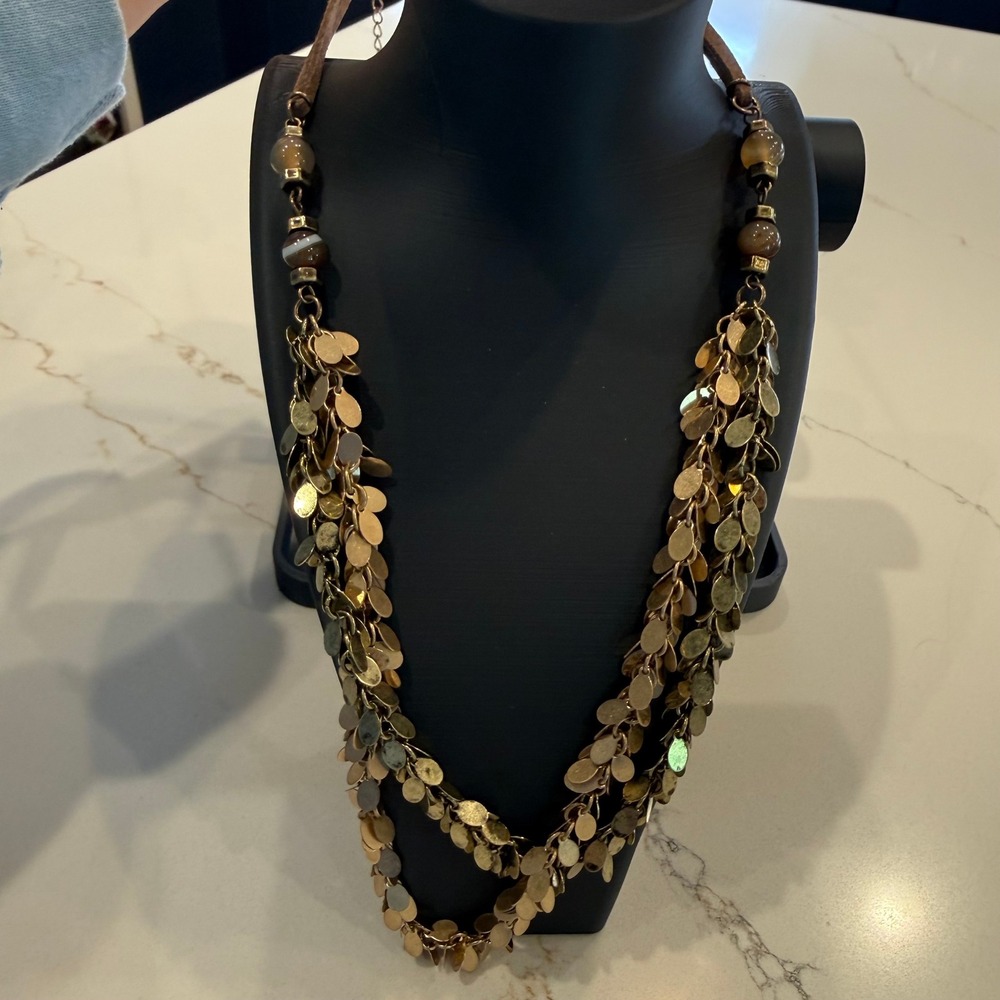 Boho Artisan Bronze Tone Disc Fringe Layered Long Statement Necklace